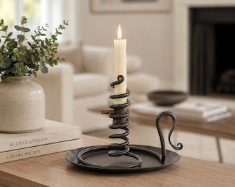 Iron Courting Candle Holder with Drip Pan – American Made by Urban Forge – Coal Black Finish