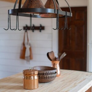 Iron Pot Rack Lighted With Hand Fired Copper Shades – Dutch Oval ...
