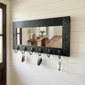 Hand Forged Iron Wall Mirror Coat Rack – Huntington – American Made by Urban Forge – Coal Black Finish
