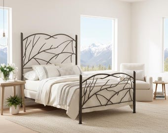 May include: A metal bed frame with a branch design on the headboard and footboard. The bed is made up with white bedding and pillows, and a light grey throw. The room has a neutral colour palette with a beige rug and white walls. The bed frame is approximately 200 cm long.