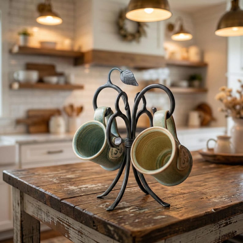 Iron Mug Tree – Holds 4 Mugs – Sylamore – American Made by Urban Forge – Coal Black Finish image 2