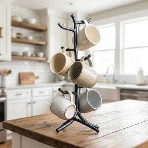 Iron Mug Tree – Holds 6 Mugs – Twig – American Made by Urban Forge – Coal Black Finish
