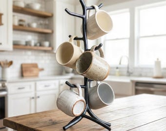 Iron Mug Tree – Holds 6 Mugs – Twig – American Made by Urban Forge – Coal Black Finish