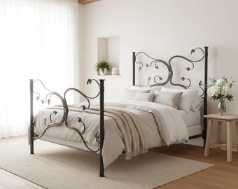 May include: Black metal bed frame with a decorative leaf design on the headboard and footboard. The bed is made up with neutral-coloured bedding, including pillows and a throw blanket. The room has a neutral colour scheme with a light beige rug.