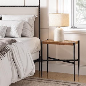 Iron Nightstand Table with Solid Oak Top – Amity – American Made by Urban Forge – Coal Black Finish