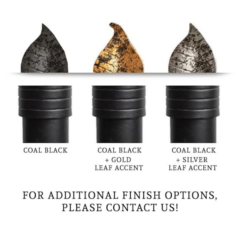 May include: Three bottle stoppers with leaf-shaped accents. The stoppers have a black base with leaf accents in coal black, gold, and silver. The text at the bottom reads, "FOR ADDITIONAL FINISH OPTIONS, PLEASE CONTACT US!"