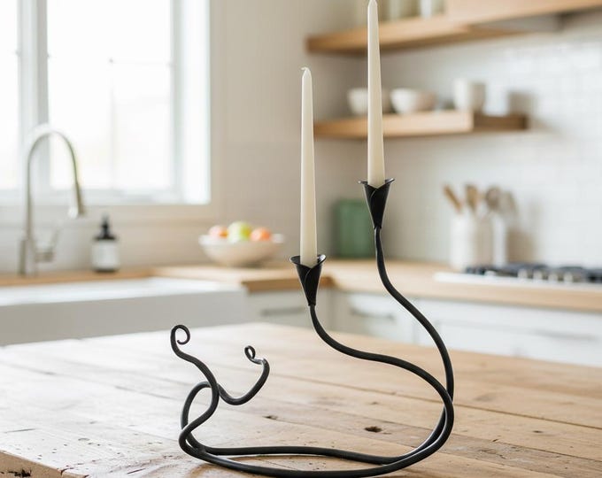 Iron Candle Holder – Ivy Double – American Made by Urban Forge – Coal Black Finish
