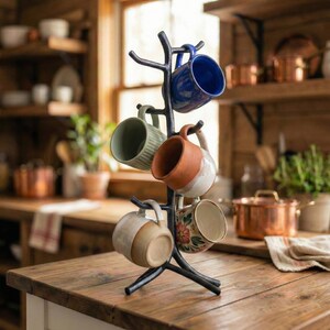 Iron Mug Tree – Holds 6 Mugs – Twig – American Made by Urban Forge – Coal Black Finish image 4