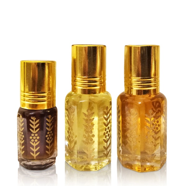 Empty Bottles-Printed Golden Leaf Octagonal Attar/Oudh/Perfume Bottle, 3 ml-6 ml-12 ml Vanity Bottles Roll on or w/Plastic Stick applicator