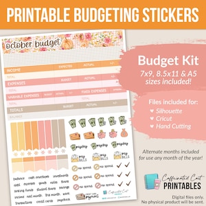 May include: Printable budgeting stickers for October with an autumn theme. The stickers include cash envelopes, bills, no spend, payday, and credit card payment icons. The stickers are available in 7x9, 8.5x11, and A5 sizes.