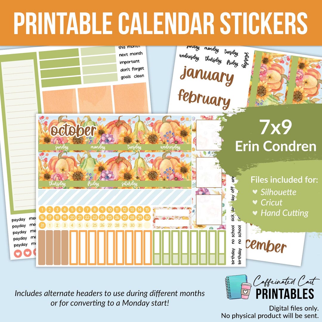 PRINTABLE Monthly Calendar Kit 7x9 Erin Condren 107 Bright Autumn ...