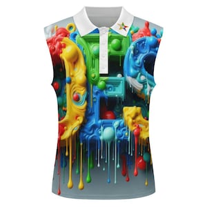 Peut inclure: Un polo sans manches avec un col blanc et un motif abstrait coloré de peinture qui coule. Le motif présente une variété de couleurs, notamment le jaune, le bleu, le vert, le rouge et l'orange.
