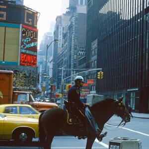 May include: A police officer on horseback rides through a busy city street. The horse is brown and black, and the officer is wearing a blue uniform and a helmet. The street is lined with buildings, and there are cars and pedestrians in the background. The officer is holding the reins in one hand and a whip in the other. There is a sign in the foreground that reads "We can't love alone. City Center."