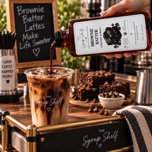 May include: A clear plastic cup filled with iced coffee and dark syrup, labeled The Syrup Shelf with a heart icon. Above, a hand pours Brownie Batter coffee syrup from a 16 fl oz bottle. Nearby are brownie squares and a small bowl of chocolate chips.