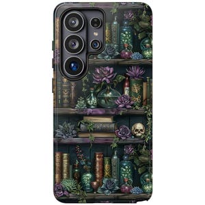 Gothic Bookshelf Samsung Tough Cases - Witchy Aesthetic Phone Case, Dark Academia Floral Skull Design, Galaxy S26 S25 S24 S23 Plus Ultra