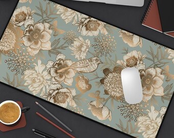 Floral Desk Mat Gaming, Ornate Vintage Peonies Bird Butterflies Desk Mat Aesthetic, Cute Flowers Large Small Computer Desk Pad, Keyboard Mat