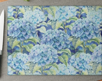 Floral Glass Cutting Board, Blue Hydrangea Flowers Tempered Glass Chopping Board, Watercolor Art Glass Cheese Board,  Serving Tray, Trivet