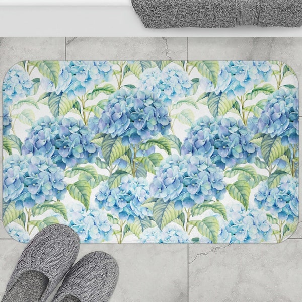 Cute Floral Bath Mat, Blue Hydrangea Flowers Bath Mat, Memory Foam Bath Shower Mat, Botanical Bath Mat Rug, Unique Art Bathroom Decor