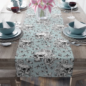 Vintage Skull Table Runner, Skulls Butterflies Flowers Goth Decor, Skeleton Cottagecore, Witchy Decor, Halloween Sugar Skull Tablecloth