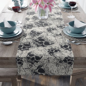 Creepy Skull Table Runner, Skulls Gothic Table Decor, Skeleton Spooky Party Decor, Witchy Tablecloth, Kitchen Dining Halloween Decoration