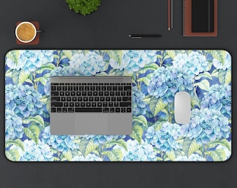 Blue Hydrangea Desk Mat Gaming, Floral Desk Mat Aesthetic, Blue Flowers Large Small Computer Desk Pad, Botanical Watercolor Art Keyboard Mat