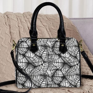 Goth Spiderweb Boston Handbag, Witch Halloween Cobweb Vegan Leather Spooky Bowler Tote Bag Aesthetic, Purse, Crossbody Shoulder Barrel Bag