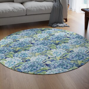 Tufted Rug Blue Hydrangea Blue Hydrangea Flower Circle Rug, Floral Area Rug, Cute Aesthetic Plant ...