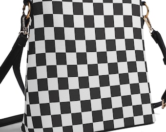 Black and White Check PU Leather Crossbody Bucket Bag, Checkered Shoulder Bag, Chessboard Zipper Tote Bag, Plaid Checker Messenger Bag