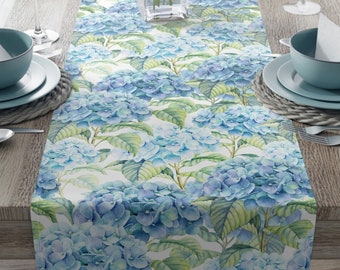 Blue Hydrangea Flowers Table Runner, Floral Table Decor, Watercolor Art Table Runner, Botanical Dinner Decor, Farmhouse Tablecloth