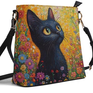Schwarze Katze PU-Leder Crossbody Hobo Bag, niedliche Katzenmalerei Kunstwerk Eimer Schultertasche, Floral Messenger Bag, Gartenblumen Reißverschluss Einkaufstasche