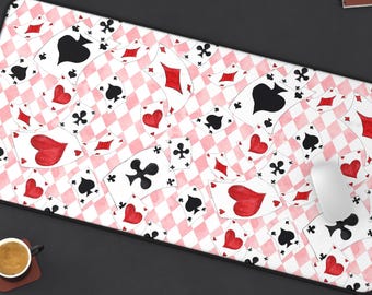 Wonderland Inspired Pink Harlequin Diamond Check with Playing Cards Desk Mat Gaming, Chessboard Desk Mat Aesthetic, Whimsical Large Desk Pad