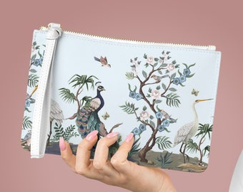 Chinoiserie Clutch Bag, Asian Birds Herons Peacocks Peonies Vegan Saffiano Leather Clutch Purse, Floral Boho Nature Aesthetic Wallet