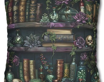 Goth Witchy Throw Pillow Cover, Bookish Library Faux Suede Pillow Case, Green Witch Gothic Cushion Cover, Books Skulls Dark Aesthetic Decor