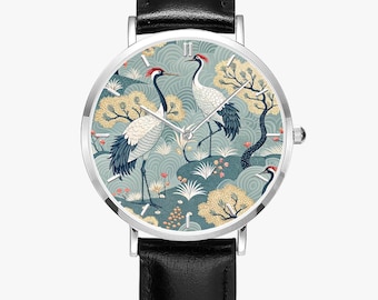 Japanese Crane Birds Wristwatch – Seigaiha Pattern Dial, Japanese Landscape Silver Watch with PU Leather Strap, Crane Art Jewelry