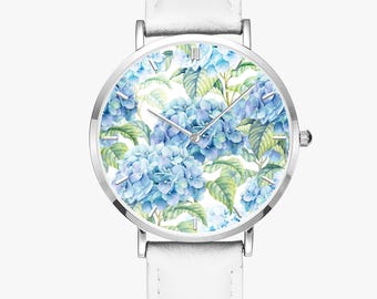 Blue Hydrangea Flower Wristwatch, Floral Silver Watch with White or Black PU Leather Band, Botanical Watercolor Art Watch Face