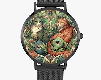 Art Nouveau Cat Watch – Stainless Steel Wristwatch in Black, Rose Gold or Silver, Cat Lover Gift, Cat Jewelry, Cat Art Watch