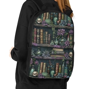Sac à dos pour ordinateur portable 17 pouces sorcière gothique, sac gothique violet sorcière verte livresque, sac à dos têtes de mort livres, sac à dos esthétique école universitaire
