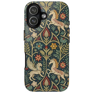 May include: A phone case featuring a repeating pattern of unicorns, flowers, and a winged lion against a dark teal background. The design incorporates shades of gold, red, and green, creating a whimsical and decorative aesthetic.
