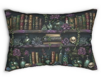 Goth Witchy Library Lumbar Pillow, Bookish Pillow, Green Witch Gothic Cushion, Books Skulls Purple Plants Decorative Aesthetic Throw Pillow