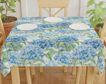 Blue Hydrangea Flowers Tablecloth, Floral Watercolor Art Decor, Blue Summer Flowers Table Cover Botanical Farmhouse Aesthetic Tabletop Decor
