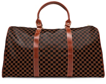 Checkered Waterproof Travel Bag, Personalized Luggage, Plaid Checker Overnight Bag, Weekender Bag, Duffel Bag