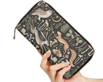 Boho Magic Forest Animals Wallet, Green Witch Cottagecore Vegan Leather Wallet, Coin Purse, Mushroom Moth Hare Aesthetic Celestial Clutch