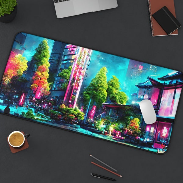 Japanese Neon Night City Desk Mat Gaming, Kawaii Japanese Landscape Desk Mat Aesthetic, Anime Large Small Computer Desk Pad, Keyboard Mat