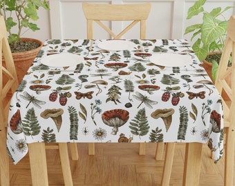 Cottagecore Mushrooms Tablecloth, Forest Plants Table Decor, Fern Moth Dragonfly Botanical Table Cover, Woodland Boho Aesthetic Tabletop