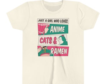 Girls Anime Kids Youth Shirt, Anime Cats Ramen Shirts for Girls, Japanese Aesthetic Kids Youth Shirt, Just A Girl Who Loves Anime Cats Ramen
