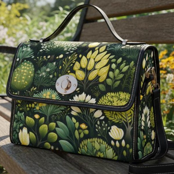 Cottagecore Abstract Forest Purse Canvas Satchel, Botanical Crossbody Messenger Bag, Nature Aesthetic Tote Handbag