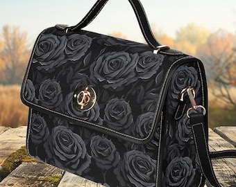 Black Roses Goth Purse, Canvas Satchel Bag, Witchy Messenger Bag, Gothic Tote Bag Dark Aesthetic, Cottagecore Crossbody Bag, Floral Handbag