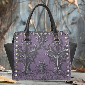 Pastel Goth Purple Leather Zipper Tote Bag, Witch Handbag Aesthetic, Goth Shopping Rivet Shoulder Bag, Crossbody Punk Bag, Occult Purse