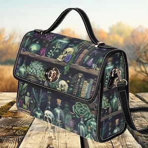 Bookish Goth Library Purse Canvas Satchel Bag, Witchy Messenger Bag, Gothic Tote Bag Aesthetic,  Potion Skulls Crossbody, Goblincore Handbag