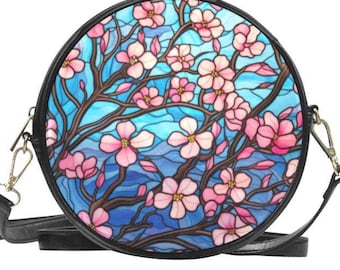 Japanese Sakura Cherry Blossom Round Purse, Stained Glass Flowers PU Leather Circle Bag, Floral Crossbody Sling Bag, Shoulder Messenger Bag
